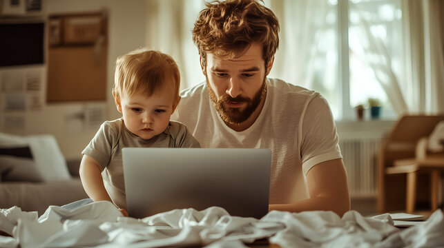 Father and baby use laptop at home, bonding together while working on the computer with a soft, natural light setting.