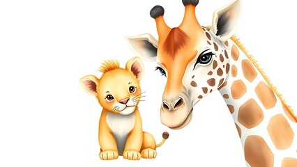Charming watercolor safari scene featuring a lion cub and giraffe in pastel nursery art style.