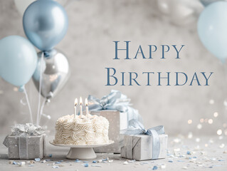 Birthday cake shines with gifts & balloons. Ideal for greetings, invites, web.
