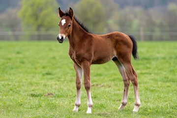 A Young Chestnut Foal Standing Gracefully in a Green Meadow Field