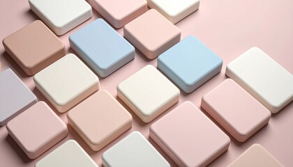 Fototapeta premium Elevated Soft 3D Square Blocks Arrangement on a Pastel Pink Background in Gentle Color Tones