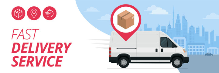Van delivering parcels in the city, express delivery concept