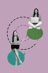 Vertical 3d poster art pop collage of two happy girls sit bubble remote correspondence chat...
