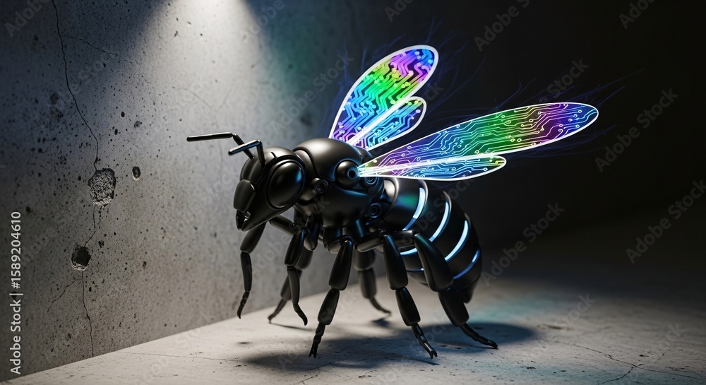 Poster a robotic insect with luminous circuit board wings stands on a textured concrete surface, symbolizin
