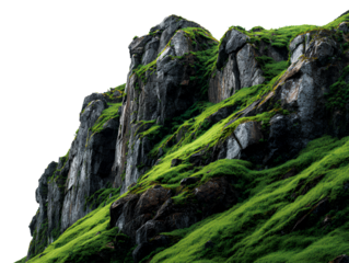 Majestic rocky cliff with lush green grass isolated on transparent background