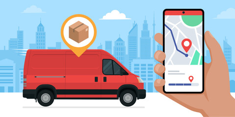 Delivery package tracker app and delivery van