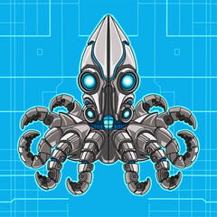 Vector illustration of a robotic monster resembling a mechanical squid or octopus.
