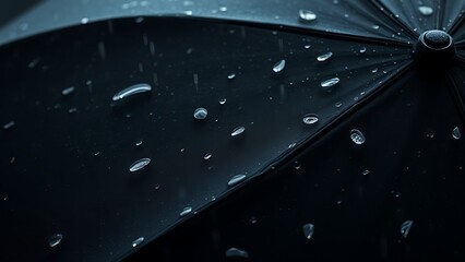 A black umbrella glistens with raindrops, its textured fabric and silver rivets highlighted in moody lighting.