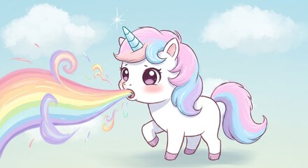 虹吐く可愛いユニコーン 優しいパステル調イラスト. AI Generated