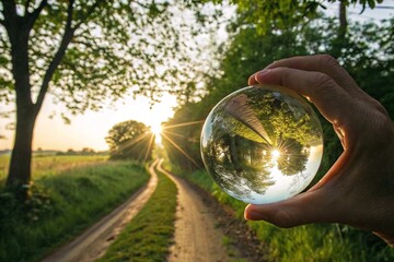 A person is holding a clear glass ball that is reflecting the sunrise over a small country road, selective focus. The scene is peaceful and serene, with the sun shining brightly in the background
