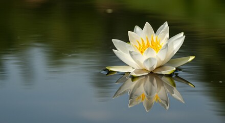 水面に映る白蓮の美しい反射 穏やかな光が優しく包む. AI Generated