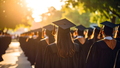 Graduates in Black Gowns Walk at Sunset