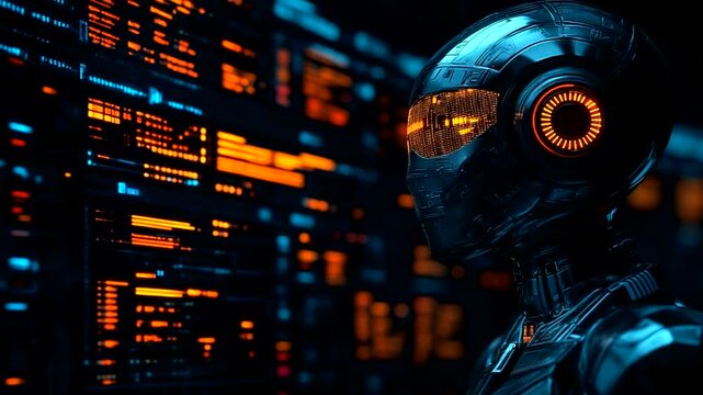 Cybernetic figure gazing at a wall of data with bright orange accents