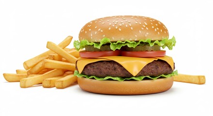 ジューシーなチーズバーガーとカリカリポテト 食欲をそそる黄金色. AI Generated
