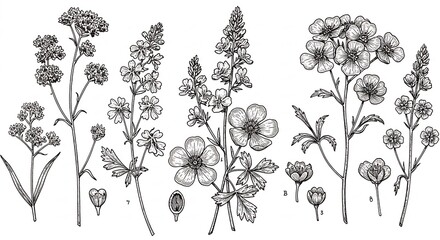 繊細な線画 野草の優雅な姿 静謐な白黒. AI Generated