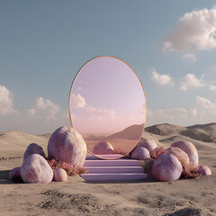 Abstract factasy and realistic mirror in desert, background, futuristic