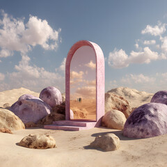 Abstract factasy and realistic mirror in desert, background, futuristic