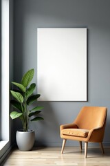 Modern gray office with vertical blank mock up poster on wall, interior, blank, office