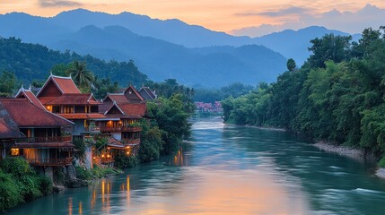 Obraz premium Tranquil riverside village at sunset