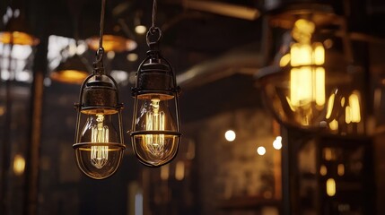 Vintage filament bulbs in rustic metal shades, suspended from the ceiling with a warm blurred background.