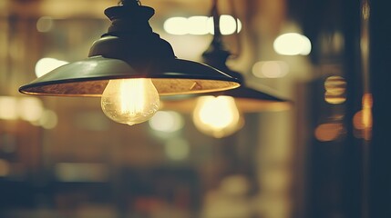 Vintage filament bulbs in rustic metal shades, suspended from the ceiling with a warm blurred background.