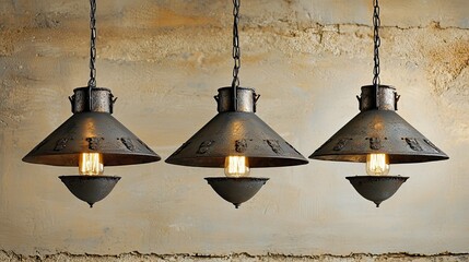 Vintage filament bulbs in rustic metal shades, suspended from the ceiling with a warm blurred background.