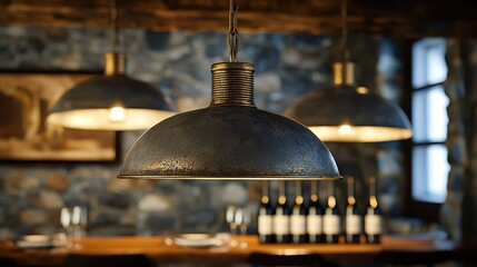 Vintage filament bulbs in rustic metal shades, suspended from the ceiling with a warm blurred background.