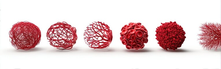 A sequence of six red spherical structures, each with a different intricate texture and pattern, displayed against a white background.