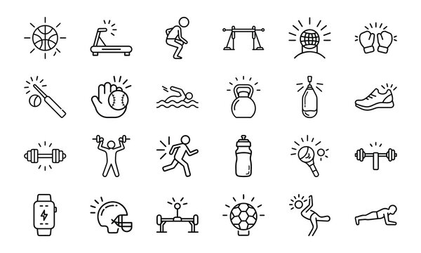 Dynamic Collection of Sports and Fitness Line Icons Perfect for Gyms, Health Apps, and Athletic Branding