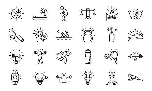Dynamic Collection of Sports and Fitness Line Icons Perfect for Gyms, Health Apps, and Athletic Branding