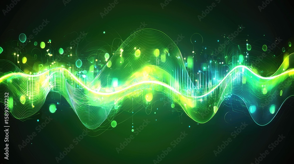 Poster vivid green waveforms with glowing edges and fluid movement, creating a futuristic and energetic abs