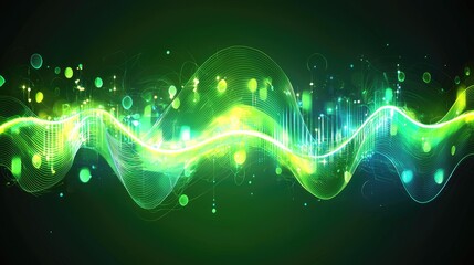 Vivid green waveforms with glowing edges and fluid movement, creating a futuristic and energetic abstract background.