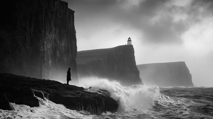 Waves crash against the towering cliffs of Neist Point as the lighthouse stands strong against the elements in the Scottish Highlands.