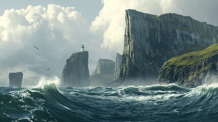 Waves crash against the towering cliffs of Neist Point as the lighthouse stands strong against the elements in the Scottish Highlands.