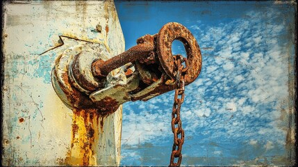 Weathered metal chain links with rusty textures against a striking blue sky, evoking a sense of age and decay.