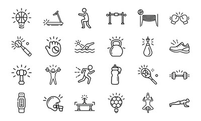 Dynamic Collection of Sports and Fitness Line Icons Perfect for Gyms, Health Apps, and Athletic Branding