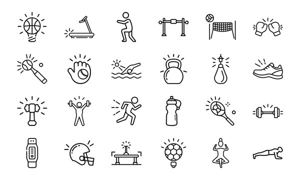 Dynamic Collection of Sports and Fitness Line Icons Perfect for Gyms, Health Apps, and Athletic Branding