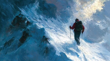 Winter adventure scene with a hiker navigating a snow drift under a dramatic, windswept sky in Northumberland.