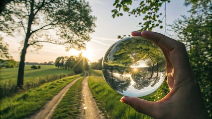 A person is holding a clear glass ball that is reflecting the sunrise over a small country road, selective focus. The scene is peaceful and serene, with the sun shining brightly in the background