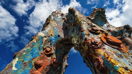 Weathered metal chain links with rusty textures against a striking blue sky, evoking a sense of age and decay.