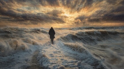 Winter adventure scene with a hiker navigating a snow drift under a dramatic, windswept sky in Northumberland.