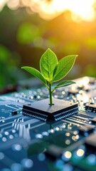 A vibrant sprout emerges from a circuit board, bathed in warm sunlight