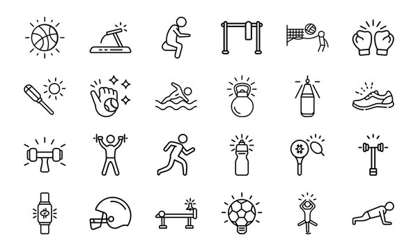 Dynamic Collection of Sports and Fitness Line Icons Perfect for Gyms, Health Apps, and Athletic Branding