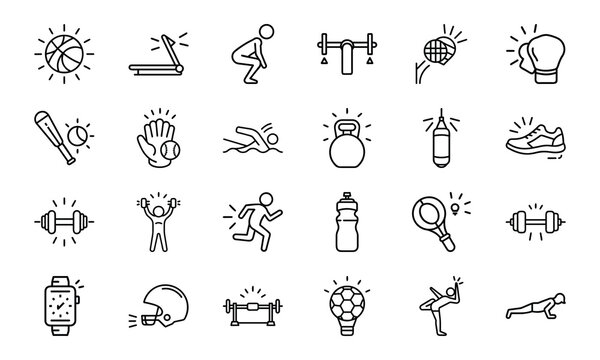 Dynamic Collection of Sports and Fitness Line Icons Perfect for Gyms, Health Apps, and Athletic Branding