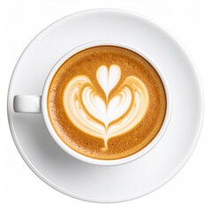 Overhead View Of Coffee Cup With Heart Latte Art On White Saucer And Background