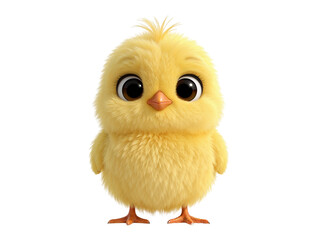 Adorable fluffy yellow chick with big, expressive eyes stands against transparency, a charming