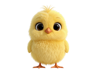 Adorable fluffy yellow chick with big, expressive eyes stands against transparency, a charming