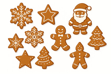 Fototapeta premium Vector Set of Gingerbread Christmas Cookies – Santa, Snowflake, Star, Tree, Biscuit Designs