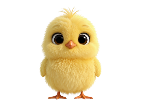 Adorable fluffy yellow chick with big, expressive eyes stands against transparency, a charming