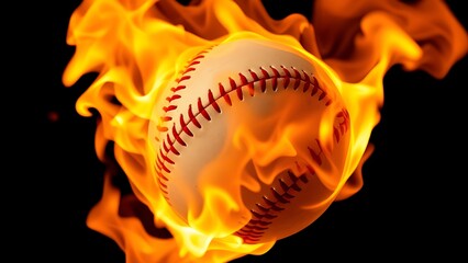 A baseball ablaze with realistic flames, isolated against a dark background for dramatic effect.
